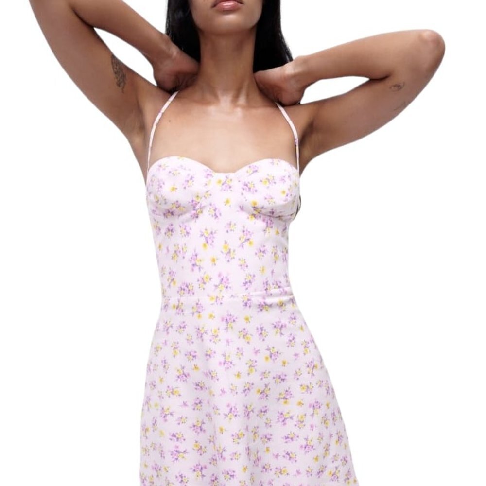 ZARA PRINTED LINEN BLEND DRESS MAUVE SIZE L | 8342/206/612 Elastic Waist
